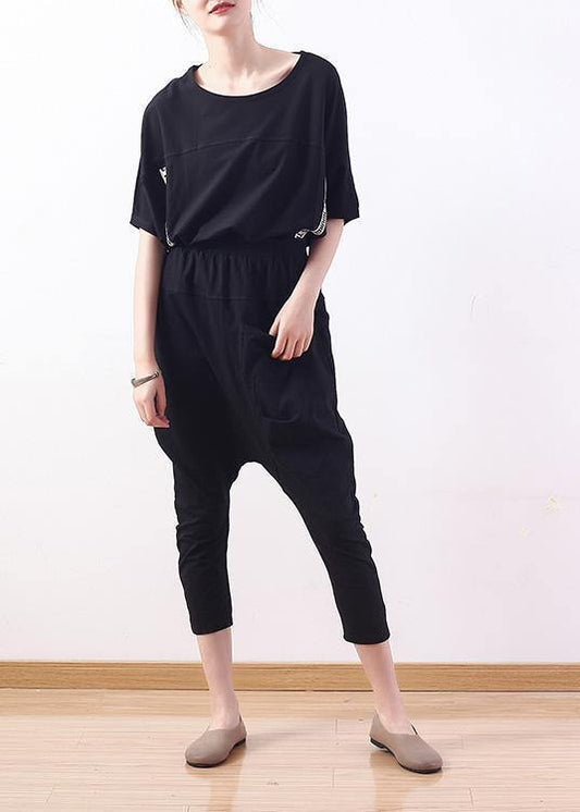 Handmade Black O Neck Cotton Tunics for Short Sleeve Tunic Summer Shirts