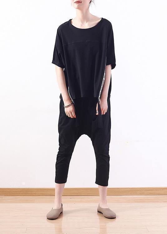 Handmade Black O Neck Cotton Tunics for Short Sleeve Tunic Summer Shirts