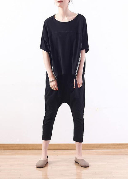 Handmade Black O Neck Cotton Tunics for Short Sleeve Tunic Summer Shirts