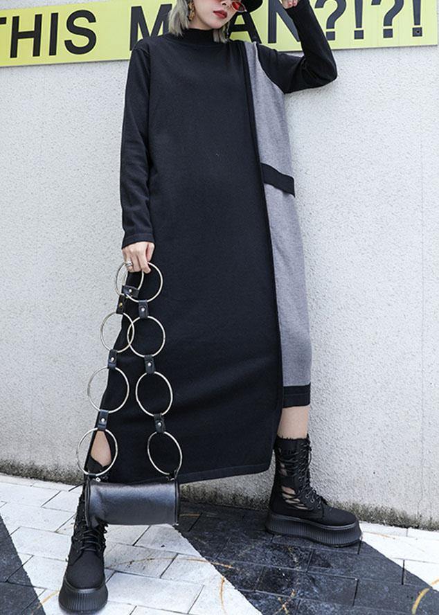 Handmade Black Patchwork Cotton Dresses Asymmetric Robe Fall Dresses