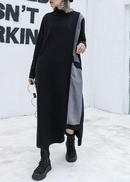 Handmade Black Patchwork Cotton Dresses Asymmetric Robe Fall Dresses