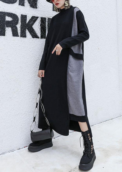 Handmade Black Patchwork Cotton Dresses Asymmetric Robe Fall Dresses