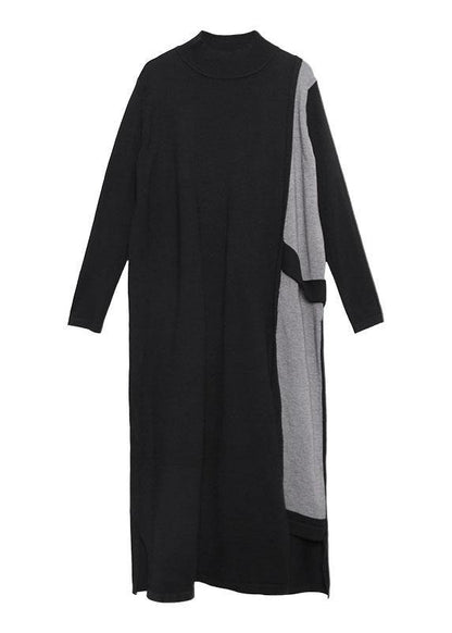 Handmade Black Patchwork Cotton Dresses Asymmetric Robe Fall Dresses