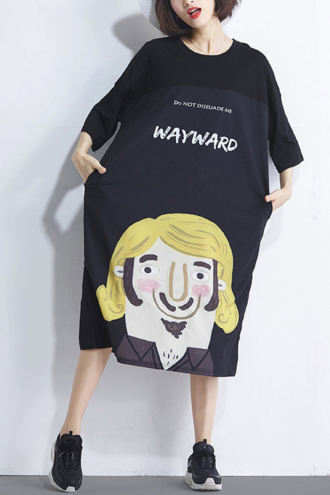Handmade Black Print Cotton Dress Fine Photography O Neck Daily Summer Dress