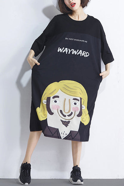 Handmade Black Print Cotton Dress Fine Photography O Neck Daily Summer Dress