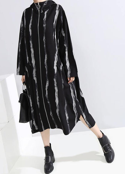Handmade Black Striped Fine Long Coats Cotton Zippered Hooded Outwears