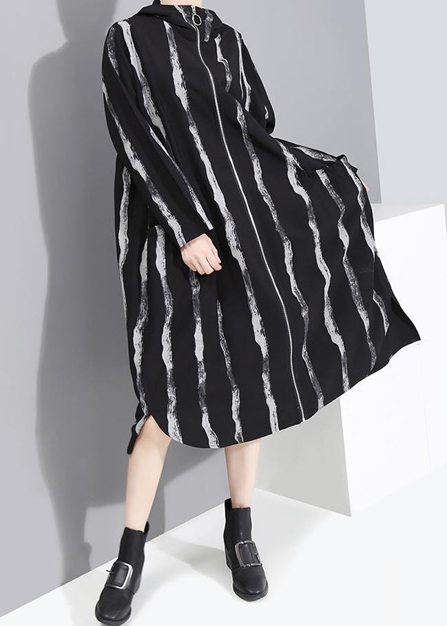Handmade Black Striped Fine Long Coats Cotton Zippered Hooded Outwears