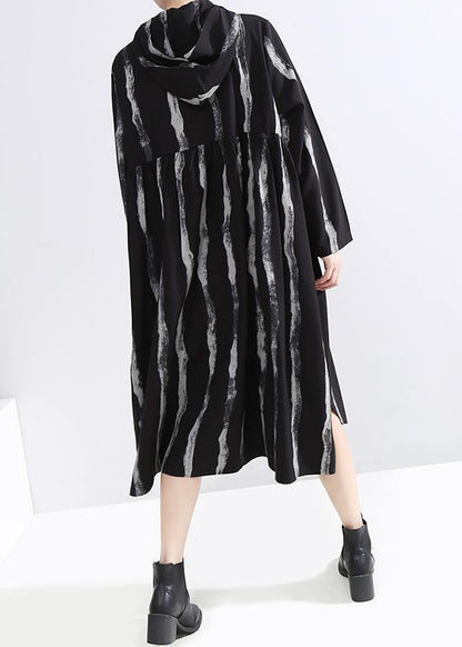 Handmade Black Striped Fine Long Coats Cotton Zippered Hooded Outwears