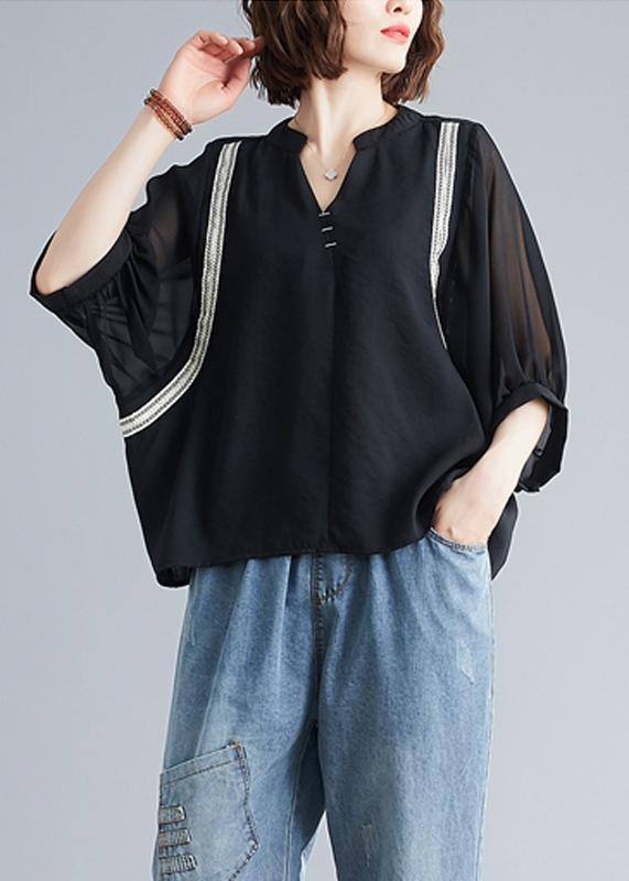 Handmade Black Top Silhouette V Neck Batwing Sleeve Summer Shirt