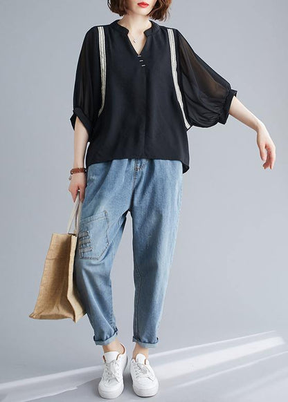 Handmade Black Top Silhouette V Neck Batwing Sleeve Summer Shirt