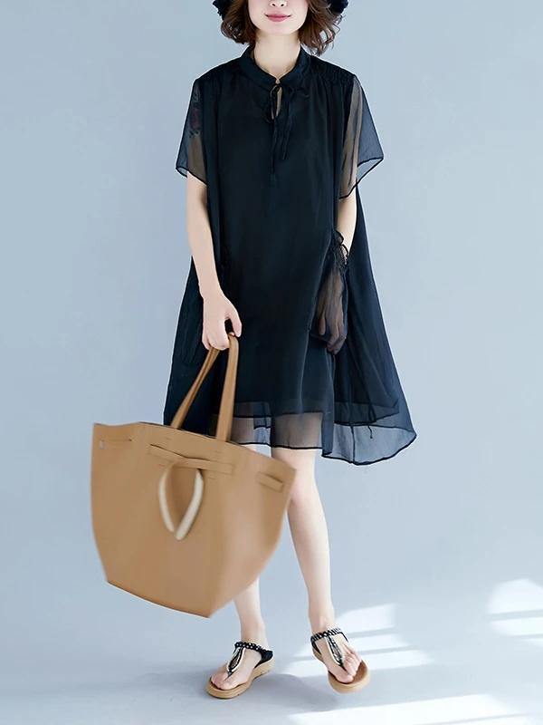 Handmade Black Tunic Pattern Stand Collar Pockets a Line Dresses