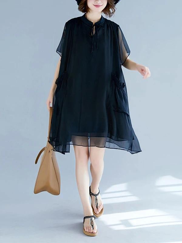 Handmade Black Tunic Pattern Stand Collar Pockets a Line Dresses