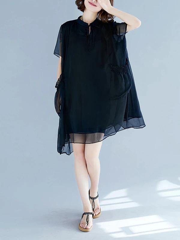 Handmade Black Tunic Pattern Stand Collar Pockets a Line Dresses