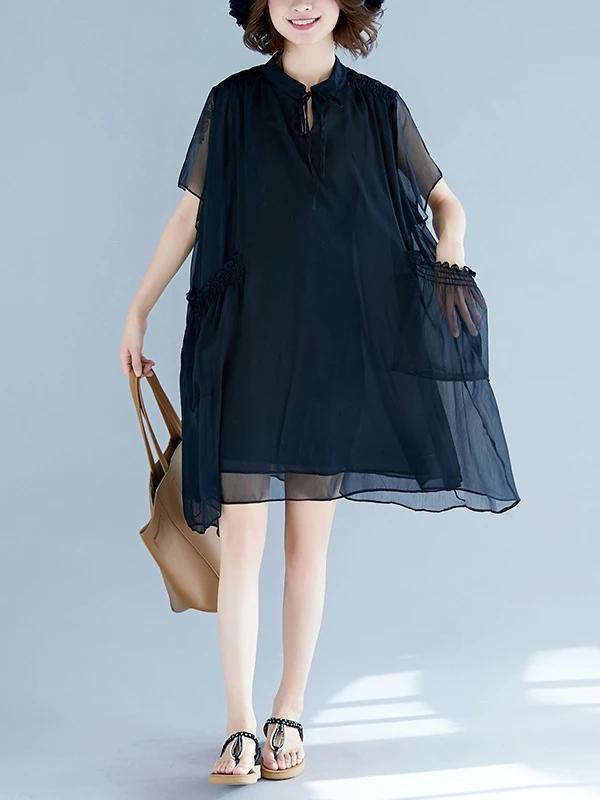Handmade Black Tunic Pattern Stand Collar Pockets a Line Dresses