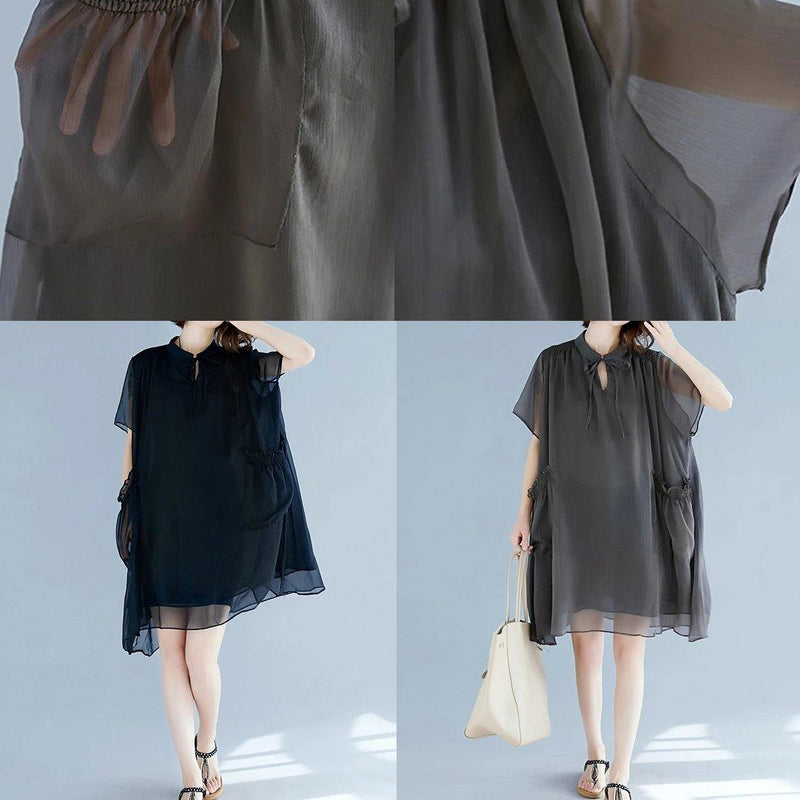 Handmade Black Tunic Pattern Stand Collar Pockets a Line Dresses