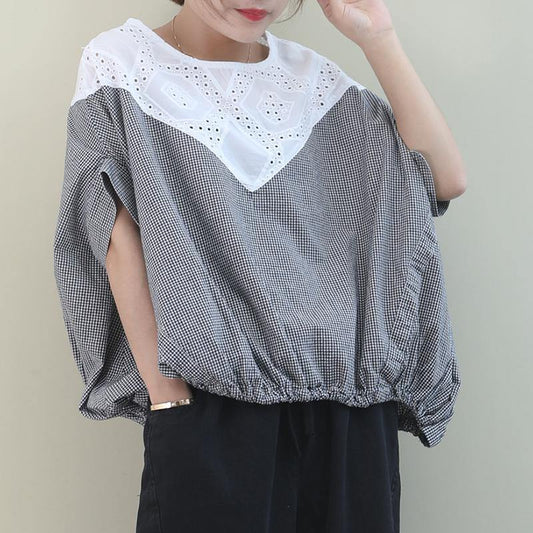 Handmade Black White Plaid Cotton Linen Tops Outfits O Neck Batwing Sleeve Shirt