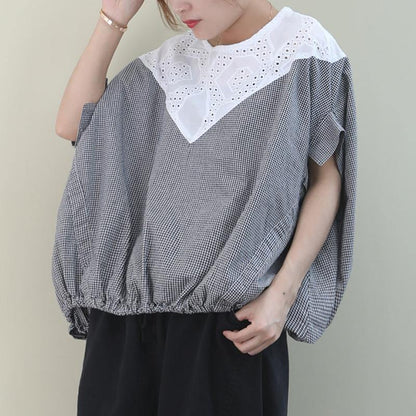 Handmade Black White Plaid Cotton Linen Tops Outfits O Neck Batwing Sleeve Shirt