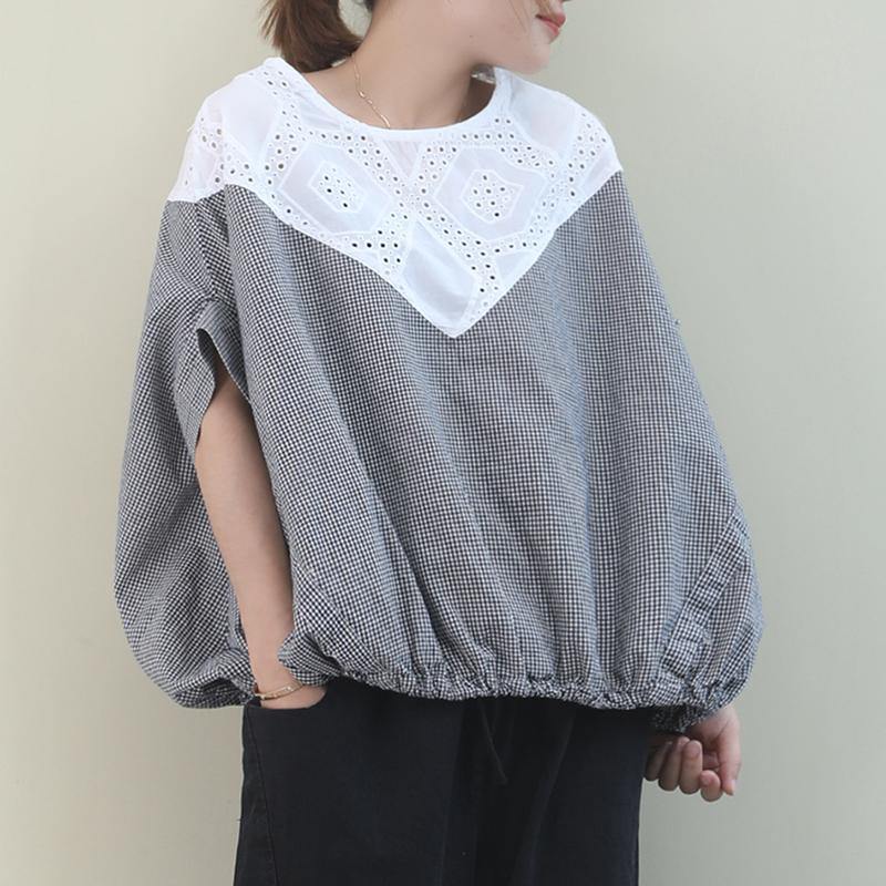 Handmade Black White Plaid Cotton Linen Tops Outfits O Neck Batwing Sleeve Shirt