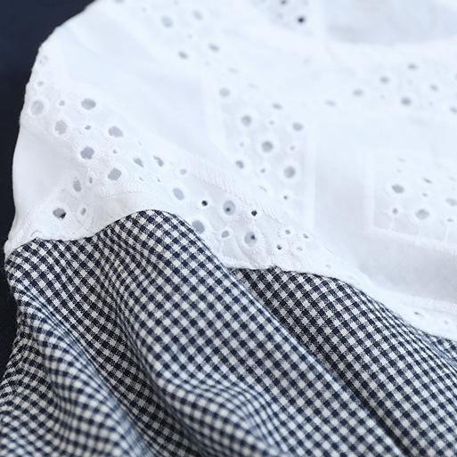 Handmade Black White Plaid Cotton Linen Tops Outfits O Neck Batwing Sleeve Shirt