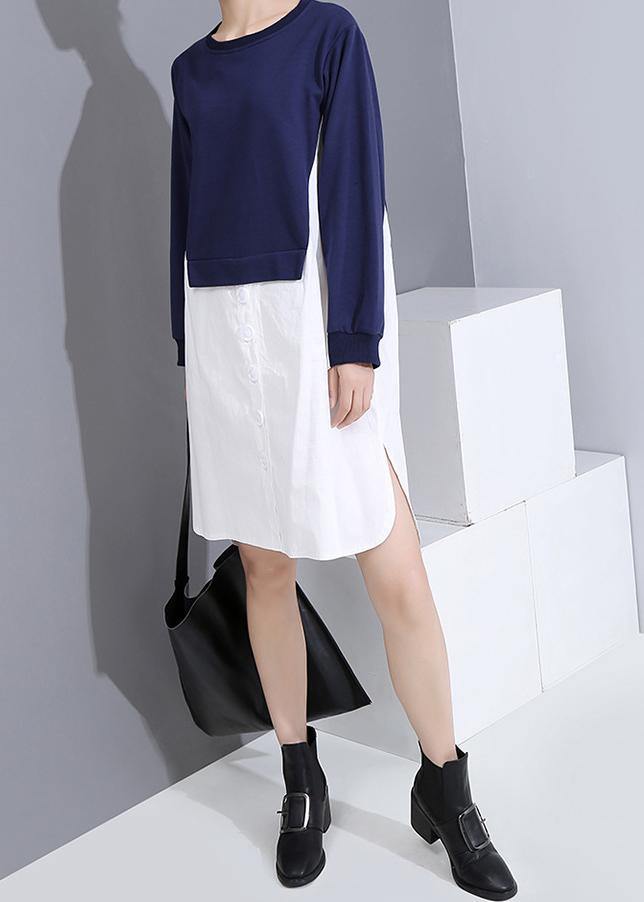 Handmade Blue Cotton Quilting Clothes Patchwork Cotton Fall Dresses