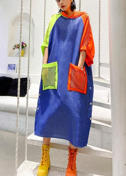 Handmade Blue Cotton Clothes Hooded Pockets Summer Dress
