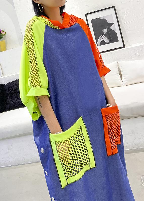 Handmade Blue Cotton Clothes Hooded Pockets Summer Dress