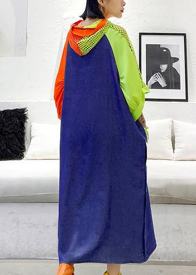 Handmade Blue Cotton Clothes Hooded Pockets Summer Dress