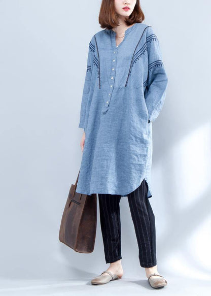 Handmade Blue Linen Clothes Embroidery Midi Summer Dresses