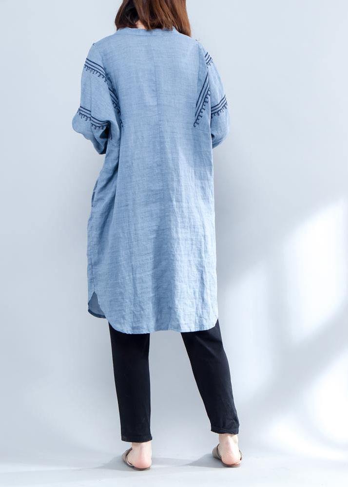 Handmade Blue Linen Clothes Embroidery Midi Summer Dresses