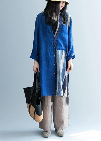 Handmade blue patchwork striped lapel Dress