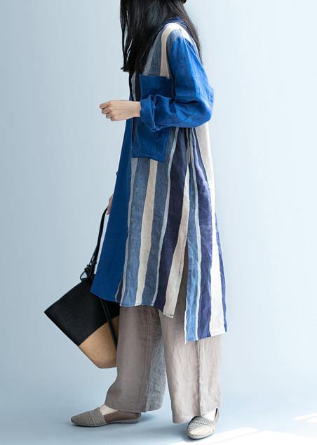 Handmade Blue Patchwork Striped Lapel Dress