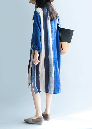 Handmade Blue Patchwork Striped Lapel Dress