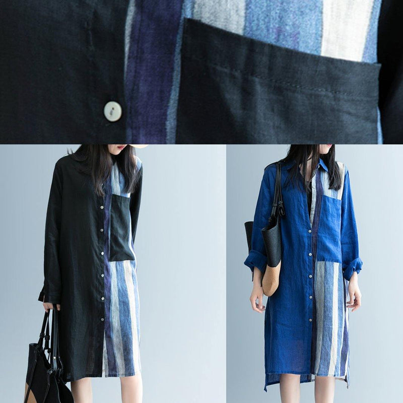 Handmade Blue Patchwork Striped Lapel Dress