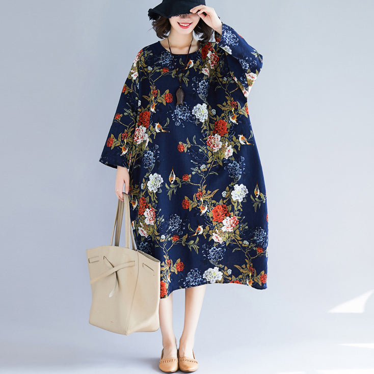Handmade Blue Print Cotton Linen Long Ideas Pockets Cotton Dress