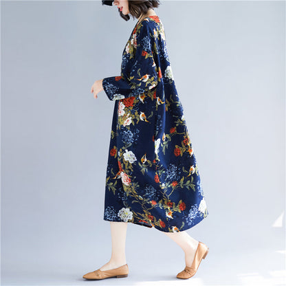 Handmade Blue Print Cotton Linen Long Ideas Pockets Cotton Dress