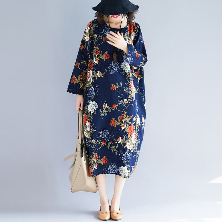 Handmade Blue Print Cotton Linen Long Ideas Pockets Cotton Dress