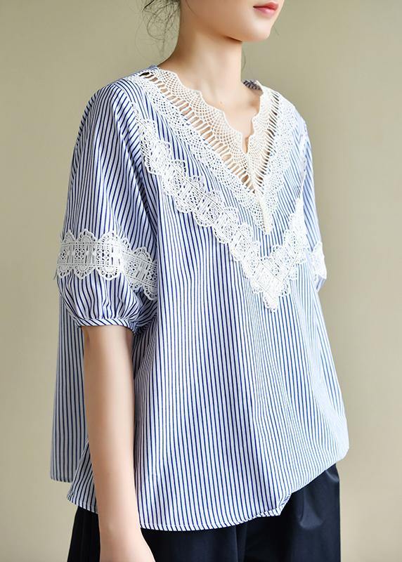 Handmade Blue Striped Tops V Neck Patchwork Lace Art Top