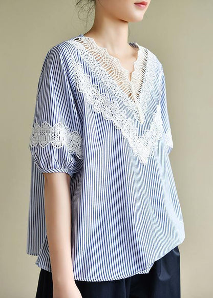 Handmade Blue Striped Tops V Neck Patchwork Lace Art Top