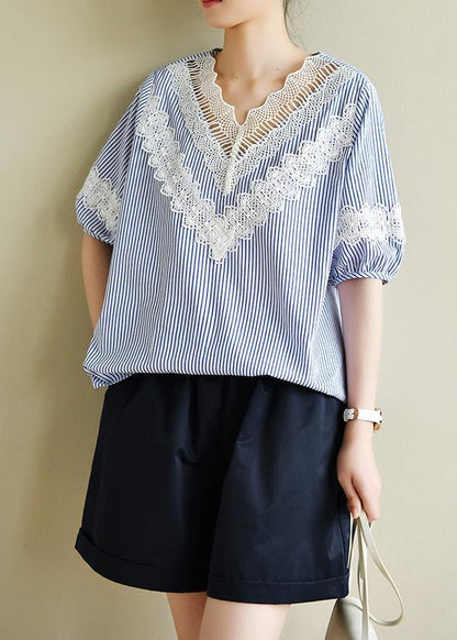 Handmade Blue Striped Tops V Neck Patchwork Lace Art Top