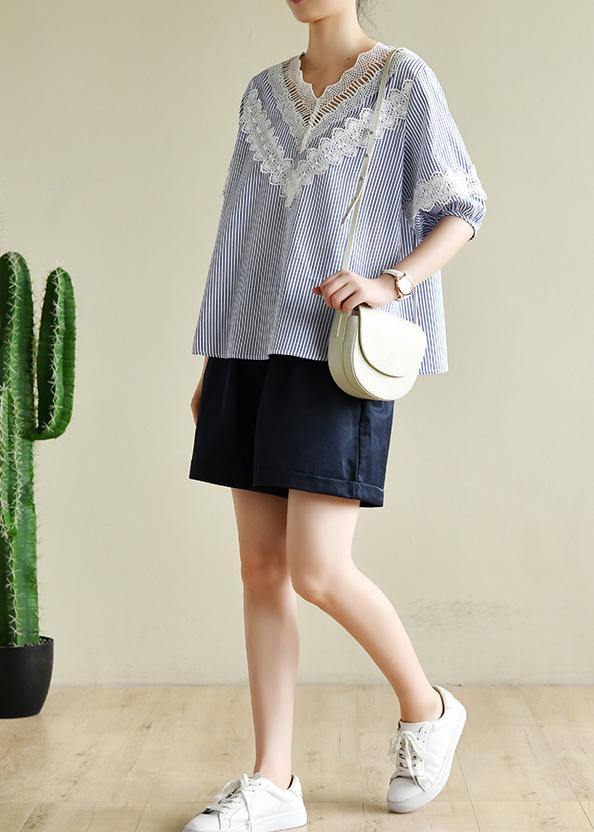 Handmade Blue Striped Tops V Neck Patchwork Lace Art Top