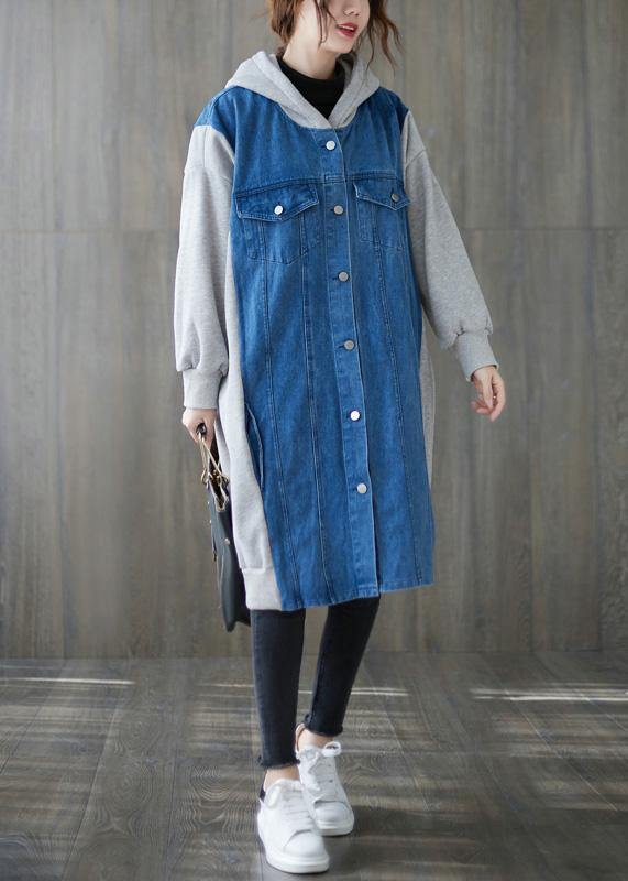 Handmade Blue Tunics for Tops Hooded Patchwork Outwears