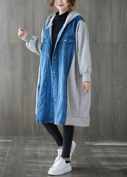 Handmade Blue Tunics for Tops Hooded Patchwork Outwears