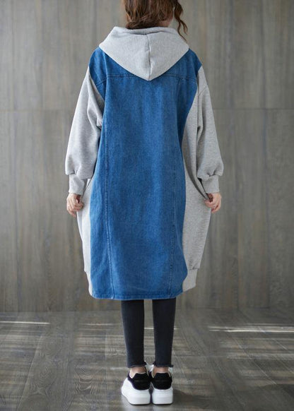 Handmade Blue Tunics for Tops Hooded Patchwork Outwears