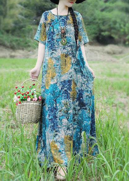 Handmade Blue Yellow Cotton Linen Outfits O Neck Maxi Summer Dress