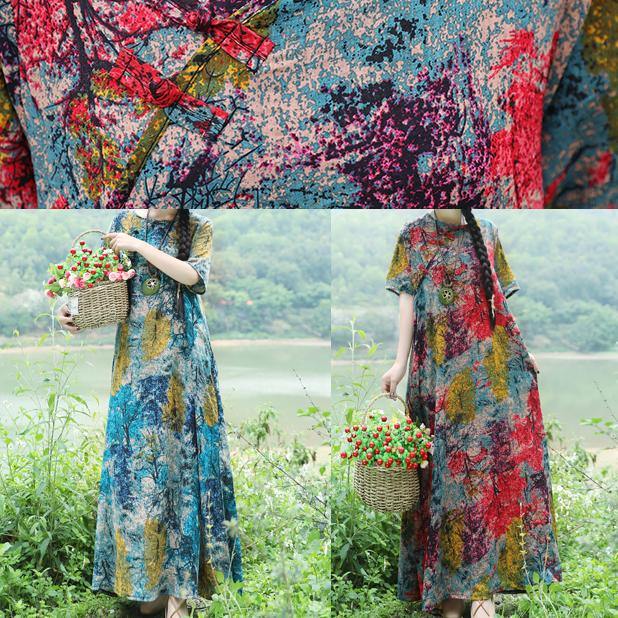 Handmade Blue Yellow Cotton Linen Outfits O Neck Maxi Summer Dress