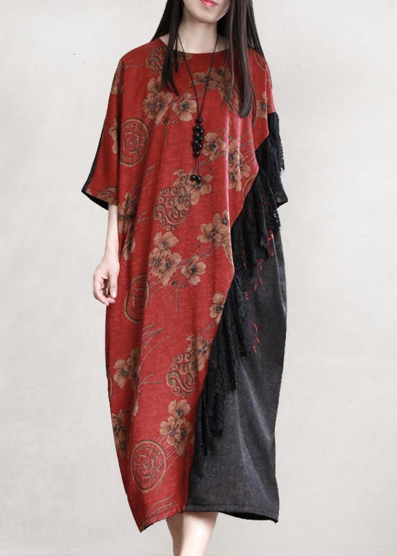 Handmade Burgundy Clothes O Neck Patchwork Loose Dress