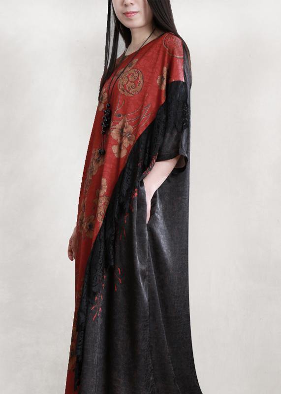 Handmade Burgundy Clothes O Neck Patchwork Loose Dress