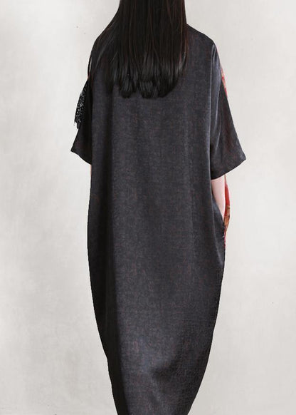 Handmade Burgundy Clothes O Neck Patchwork Loose Dress