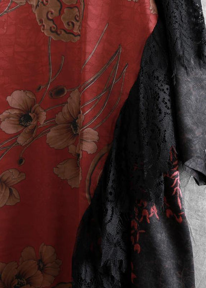Handmade Burgundy Clothes O Neck Patchwork Loose Dress