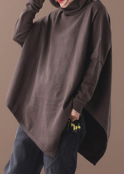 Handmade Chocolate Cotton Tunics for Asymmetric Hem Short High Neck Blouse